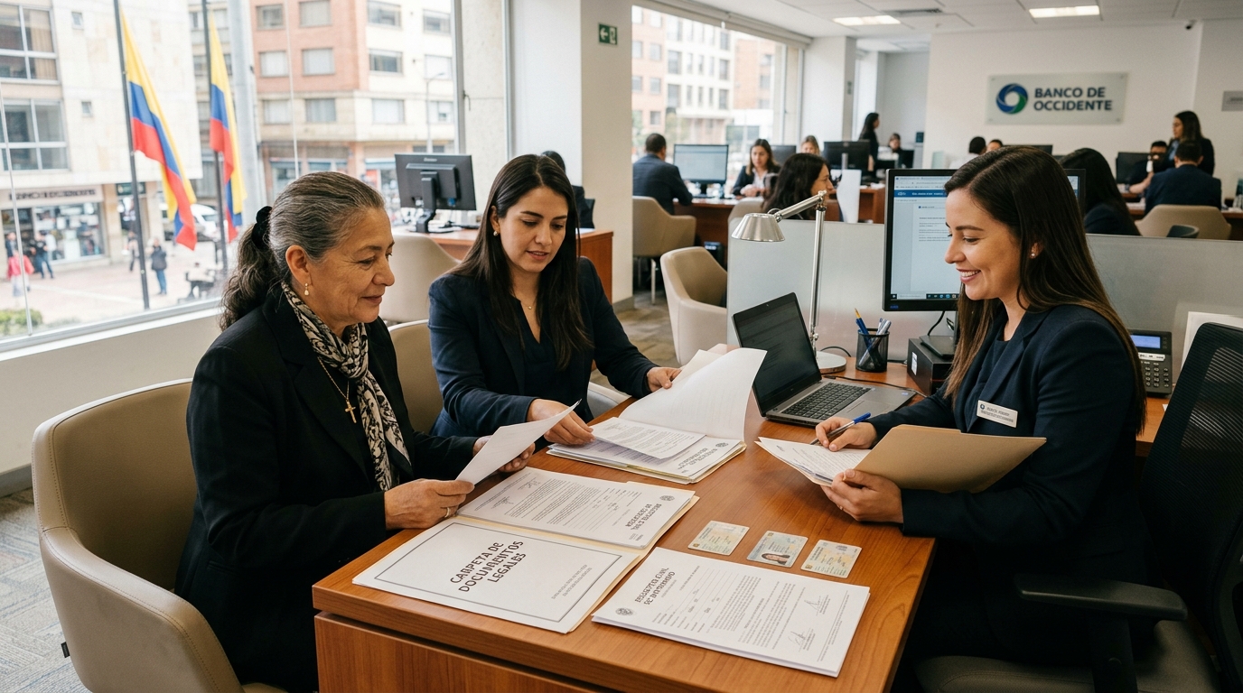 Retiro de Dineros en Bancos de Personas Fallecidas sin Juicio de Sucesión Colombia Familia heredera colombiana en ventanilla bancaria solicitando entrega directa de dineros de familiar fallecido sin juicio de sucesión